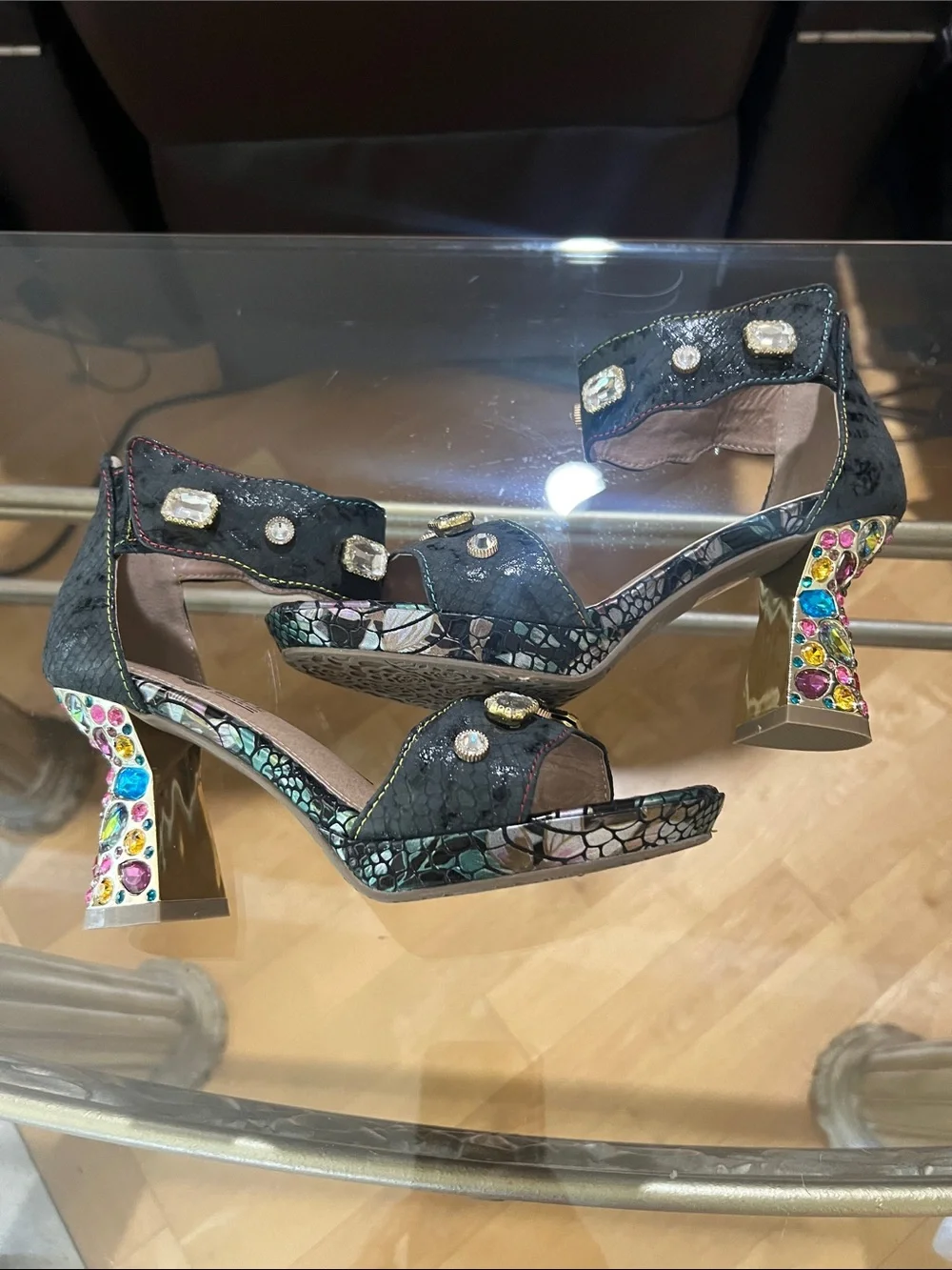 L'ATISTE Black Jeweled Ankle-Strap Heels